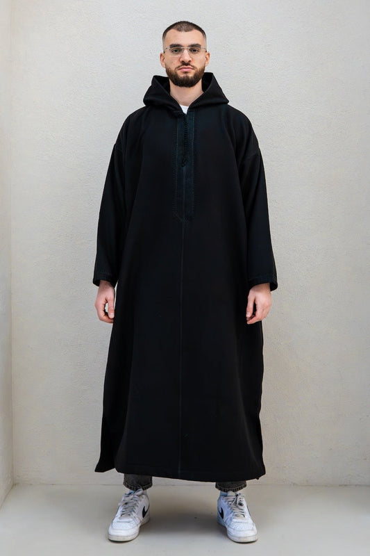 Midnight Black Winter Djellaba with Embroidery