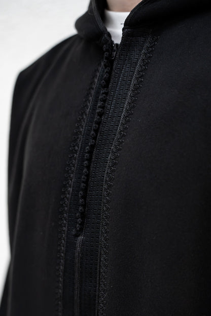 Midnight Black Winter Djellaba with Embroidery