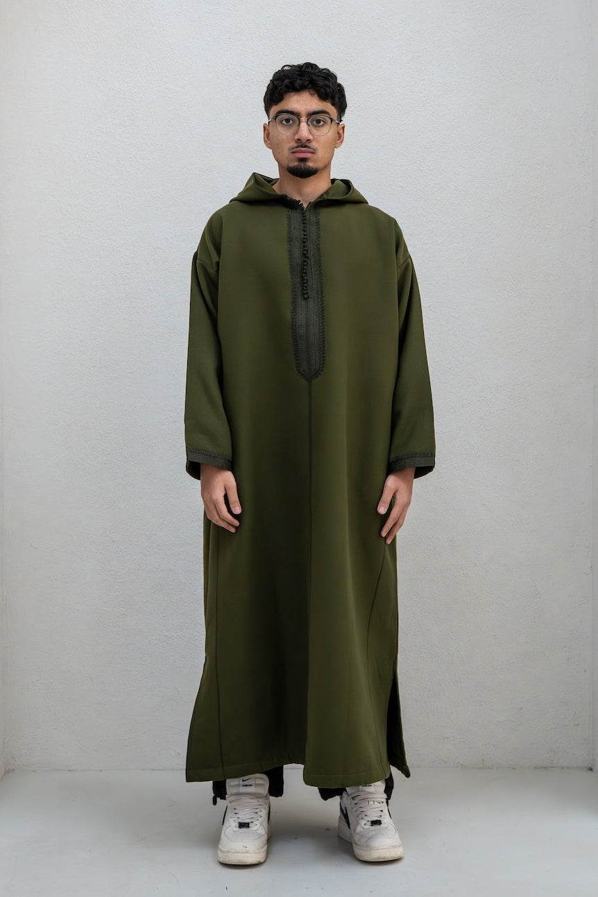 Olive Green Winter Djellaba with Embroidery