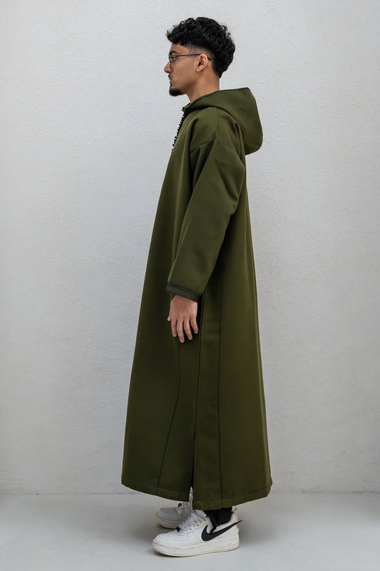 Olive Green Winter Djellaba with Embroidery