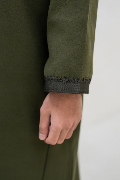Olive Green Winter Djellaba with Embroidery