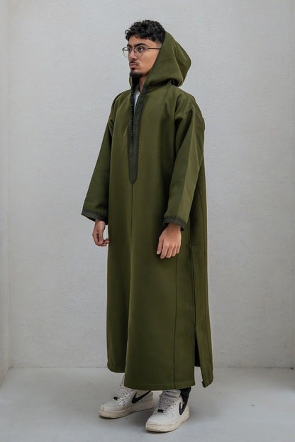 Olive Green Winter Djellaba with Embroidery