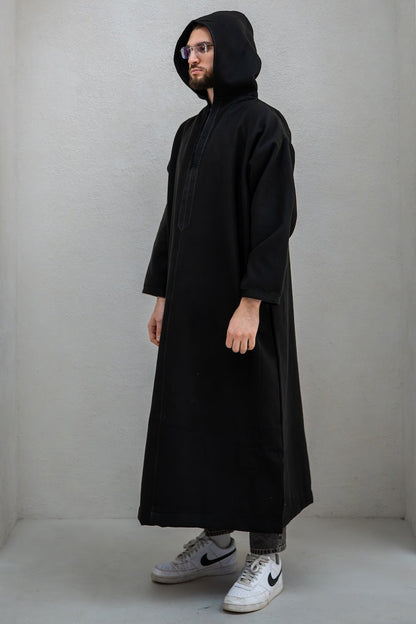 Midnight Black Winter Djellaba with Embroidery